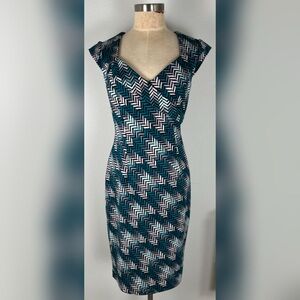 White House Black Market Teal and White Patterned Midi Dress